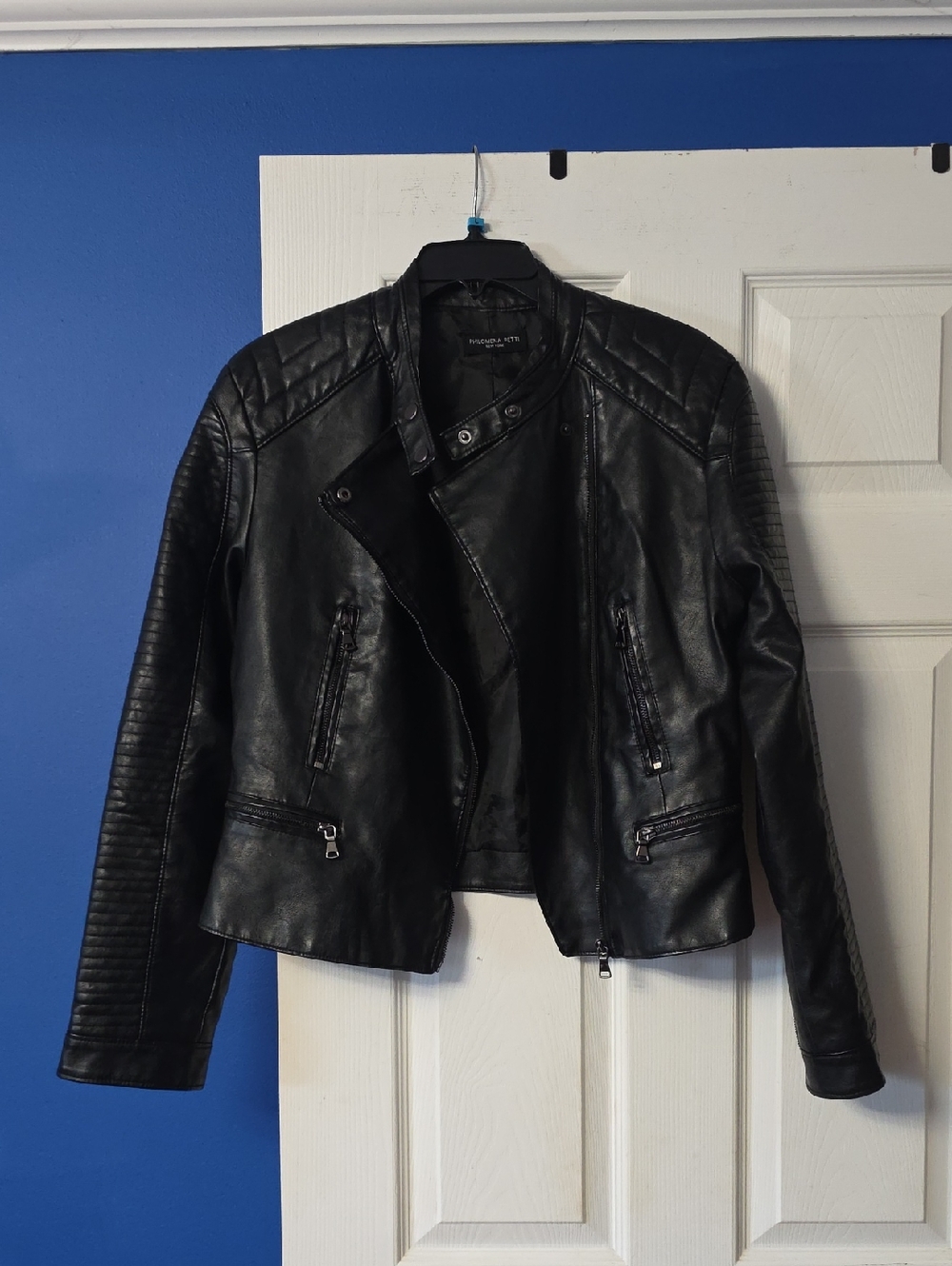 Womens Black Faux Leather Moto Jacket with Quilted Shoulders